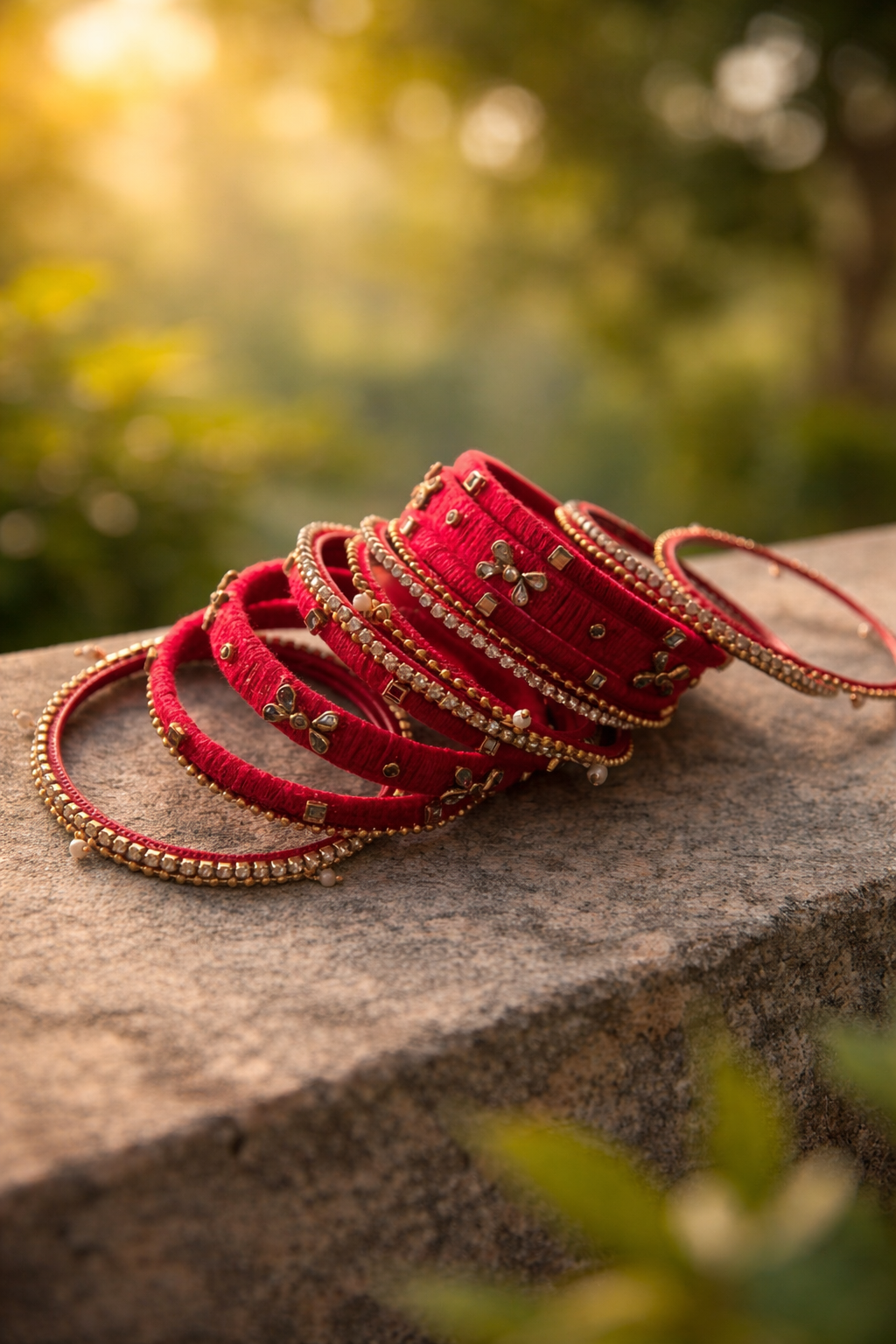 A stunning set of Red Bangles adorned with delicate embellishments