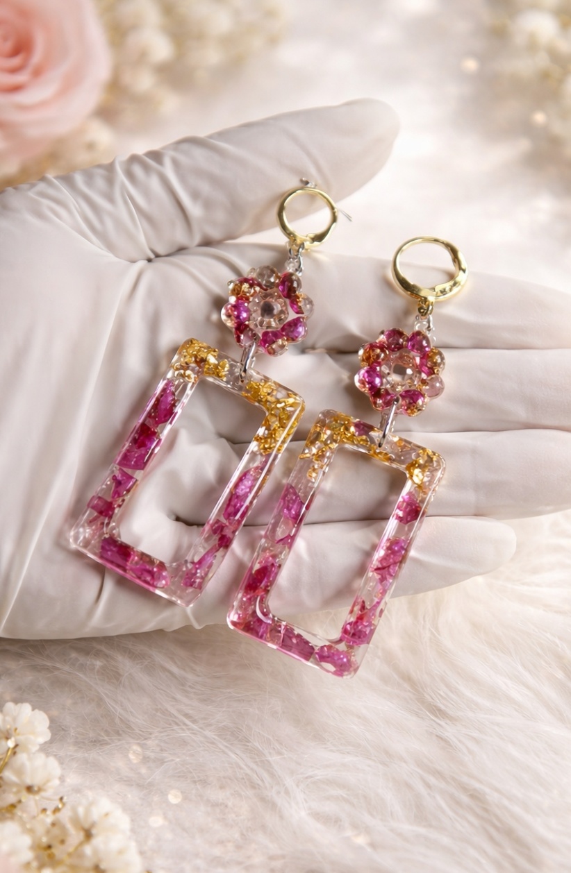 Beautiful Bougainville Earrings Handcrafted earrings made with real bougainvillea flowers, preserved in clear resin for a delicate, nature-inspired look.